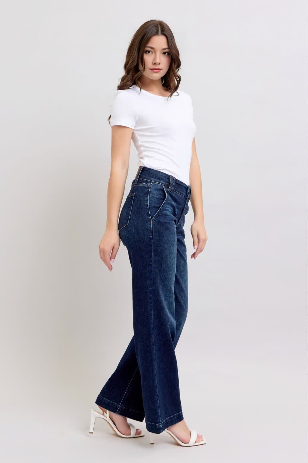High Rise Double Button Wide Leg Jeans (Buy 2 Free Shipping)
