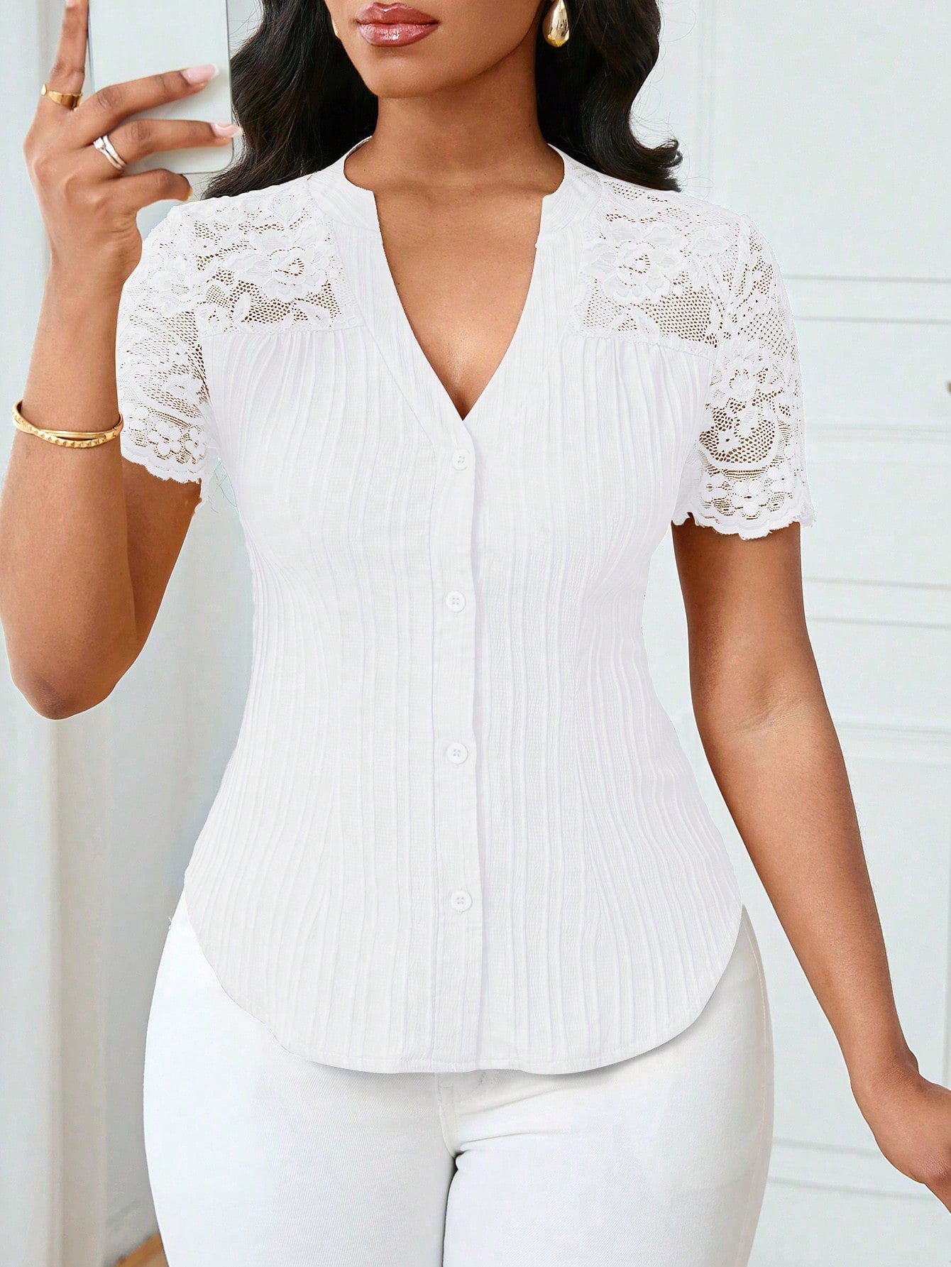 Breathable Lace Sleeve V-Neck Blouse