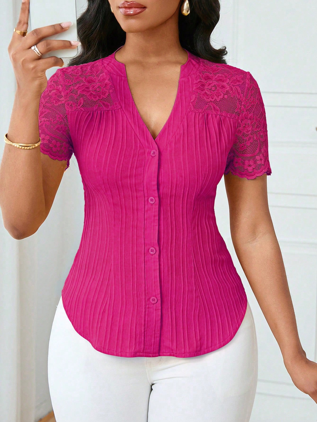 Breathable Lace Sleeve V-Neck Blouse