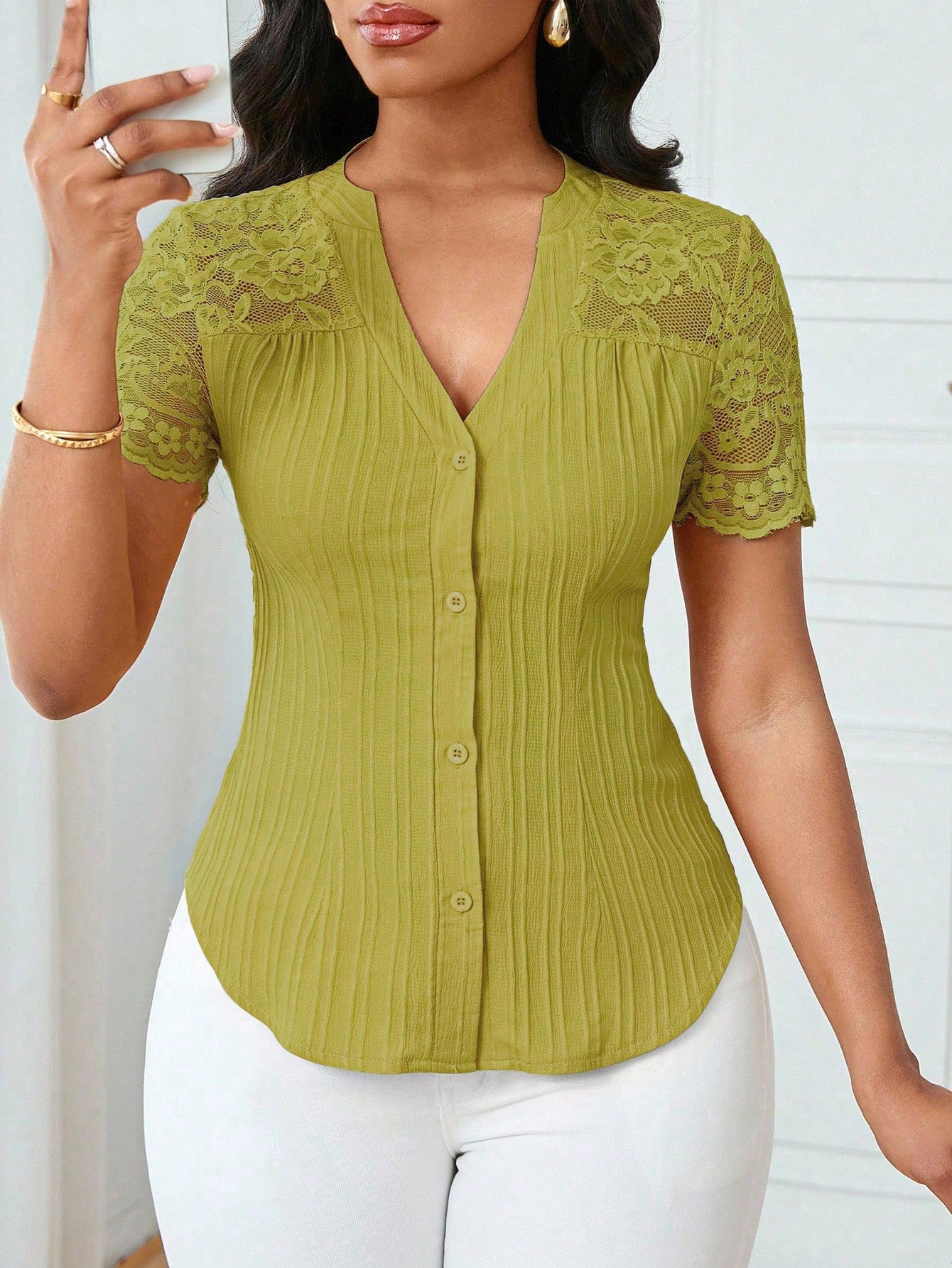 Breathable Lace Sleeve V-Neck Blouse