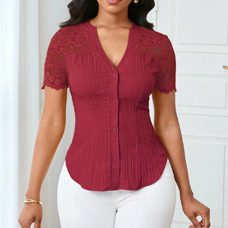 Breathable Lace Sleeve V-Neck Blouse